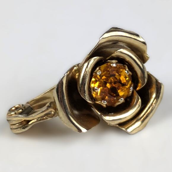 Vtg Clip-On Earrings Lewis Segal Signed Gold Tone Rose Amber Rhinestones Flower - Picture 3 of 6